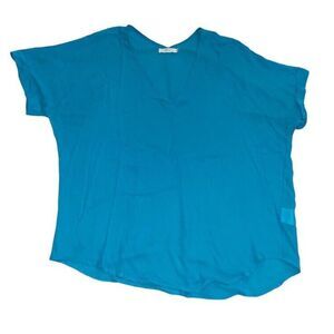 Lush Womens Blouse V-Neck Medium Semi-Sheer Short Sleeve‎ Blue Career Colorful